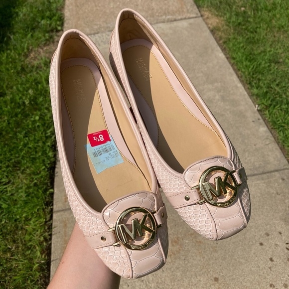 Michael Kors Fulton Pink Leather Snakeskin Ballet Flats Gold Hardware Logo - Picture 17 of 17